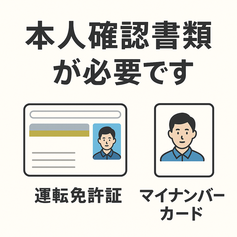本人確認書類が必要です（運転免許証・マイナンバーカードのイラスト付き）