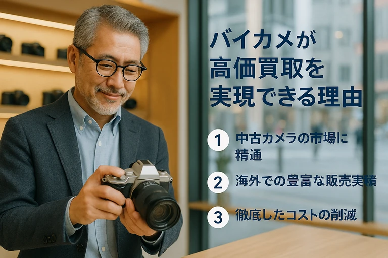 バイカメが中古ミラーレスカメラを高価買取できる理由を解説する男性スタッフとカメラの画像。中古市場の知識・海外販売・コスト削減を強みとして紹介。