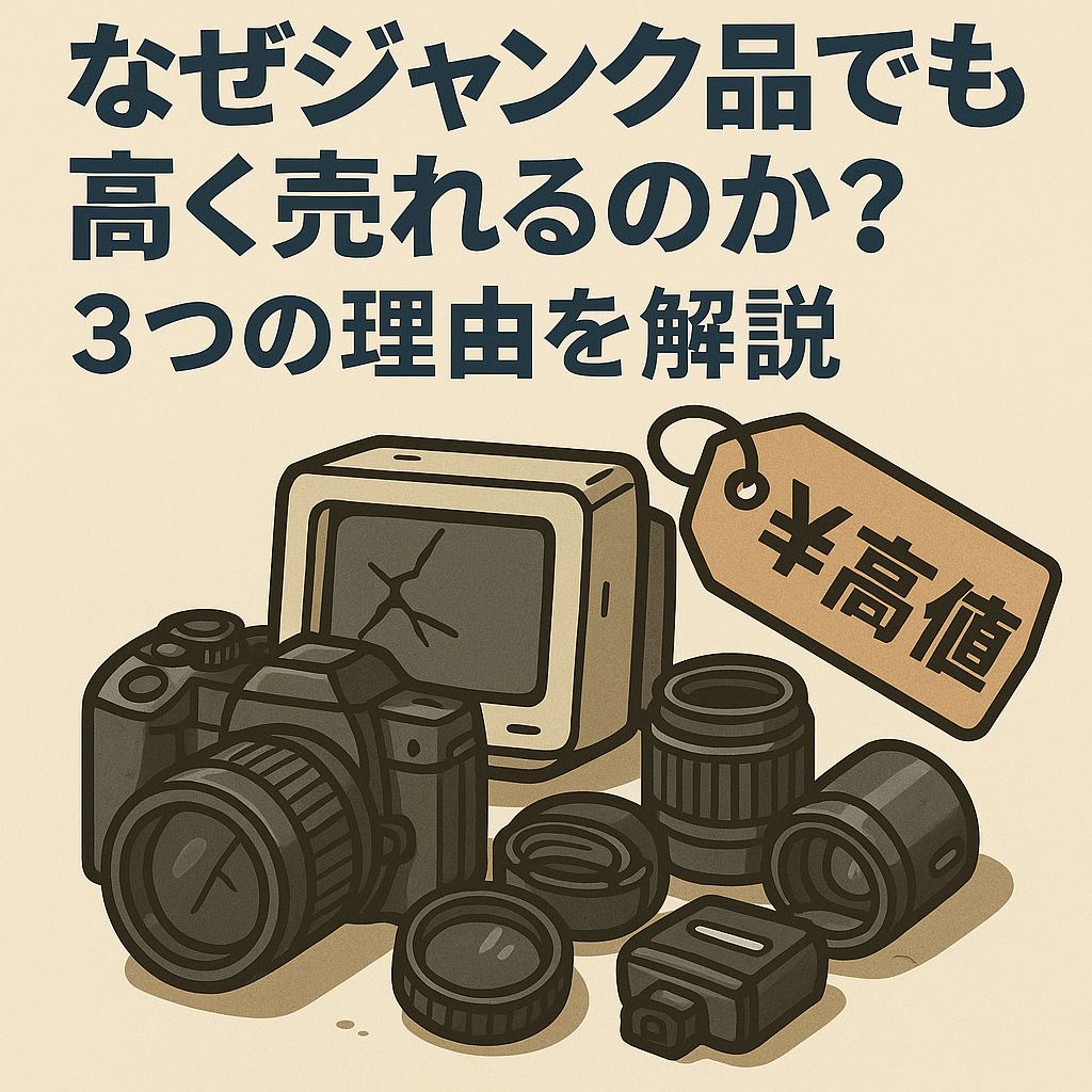 ジャンク品カメラが高く売れる理由を解説するイラスト