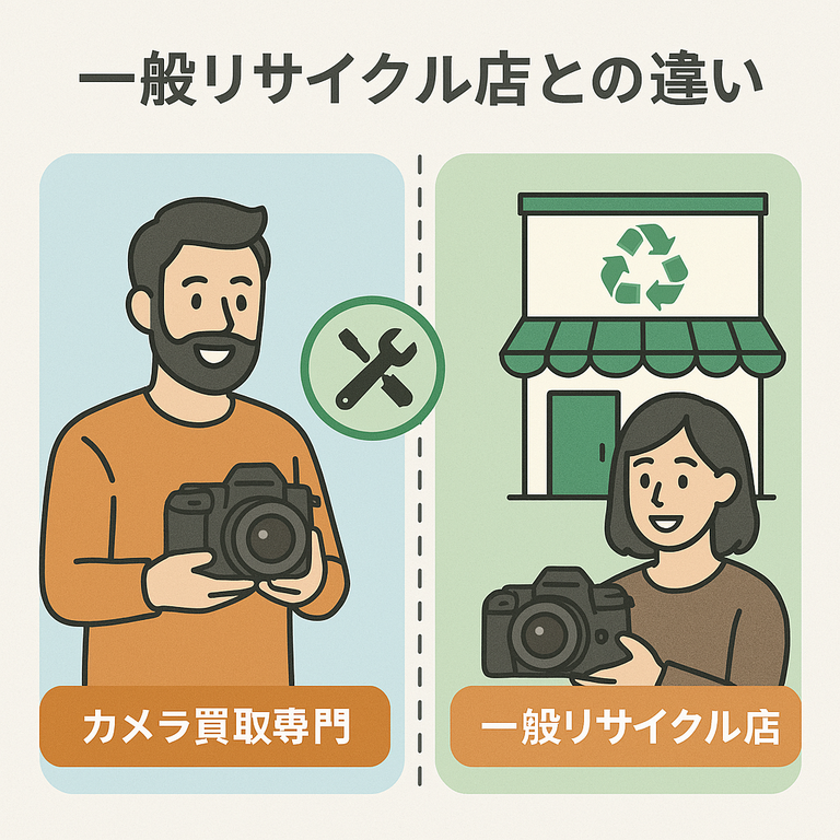 カメラ買取専門店と一般リサイクル店の違いを比較するイラスト
