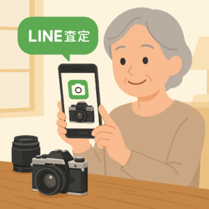 LINE査定でカメラを簡単査定する高齢女性のイラスト｜スマホで撮影して送るだけの簡単査定
