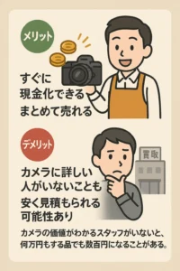 大阪でカメラを買取に出す際のメリットとデメリットを比較した図解。即現金化やまとめ売りの利点と、査定の不安点をイラスト付きで解説。