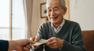 即日入金で現金を受け取る日本人男性の写真｜カメラ買取 大阪 バイカメ