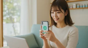 LINEで簡単に査定依頼をする日本人女性の写真｜カメラ買取 大阪 バイカメ
