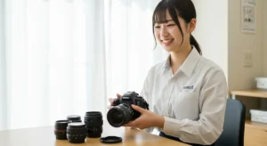 カメラ専門の査定士として対応する日本人女性の笑顔の写真｜カメラ買取 大阪 バイカメ