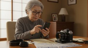 メルカリ出品作業に戸惑う高齢女性と古いカメラのある終活の様子