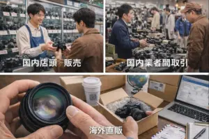 中古カメラの販売ルート比較。国内店頭販売、国内業者間取引（古物市場）、海外直販のイメージ