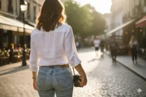 高級コンパクトフィルムカメラを手に街を歩くスナップシーン。90年代〜2000年代のCONTAXやGRに代表される高級コンパクトカメラの世界観