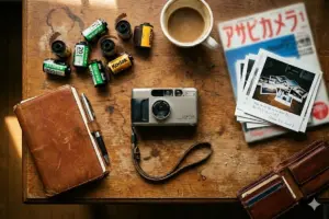 高級コンパクトフィルムカメラを俯瞰で撮影した写真。CONTAXを中心に、フィルムや革小物とともに並べられた90年代〜2000年代初頭の高級コンパクトカメラの雰囲気カット