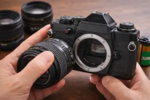 レンズ交換式フィルムカメラでレンズを交換している様子