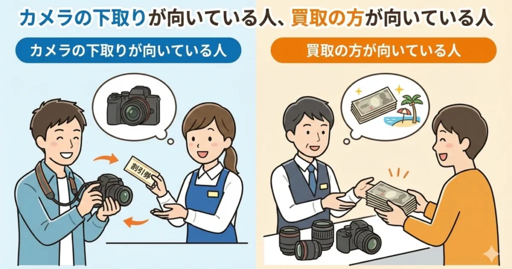 カメラの下取りと買取の違いを比較|高く売るならどちらがおすすめかを図解で解説