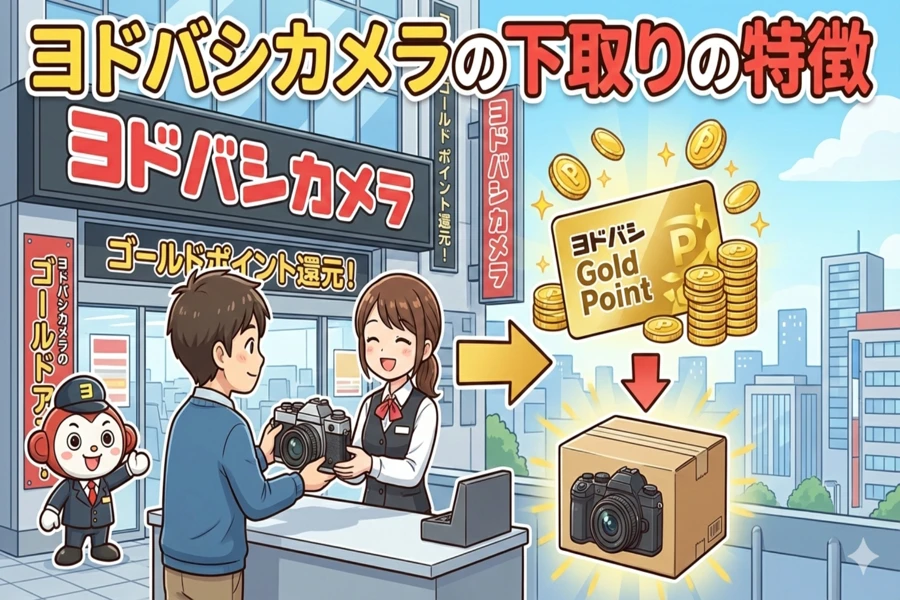 ヨドバシカメラの下取りの特徴とポイント還元を説明するイメージイラスト